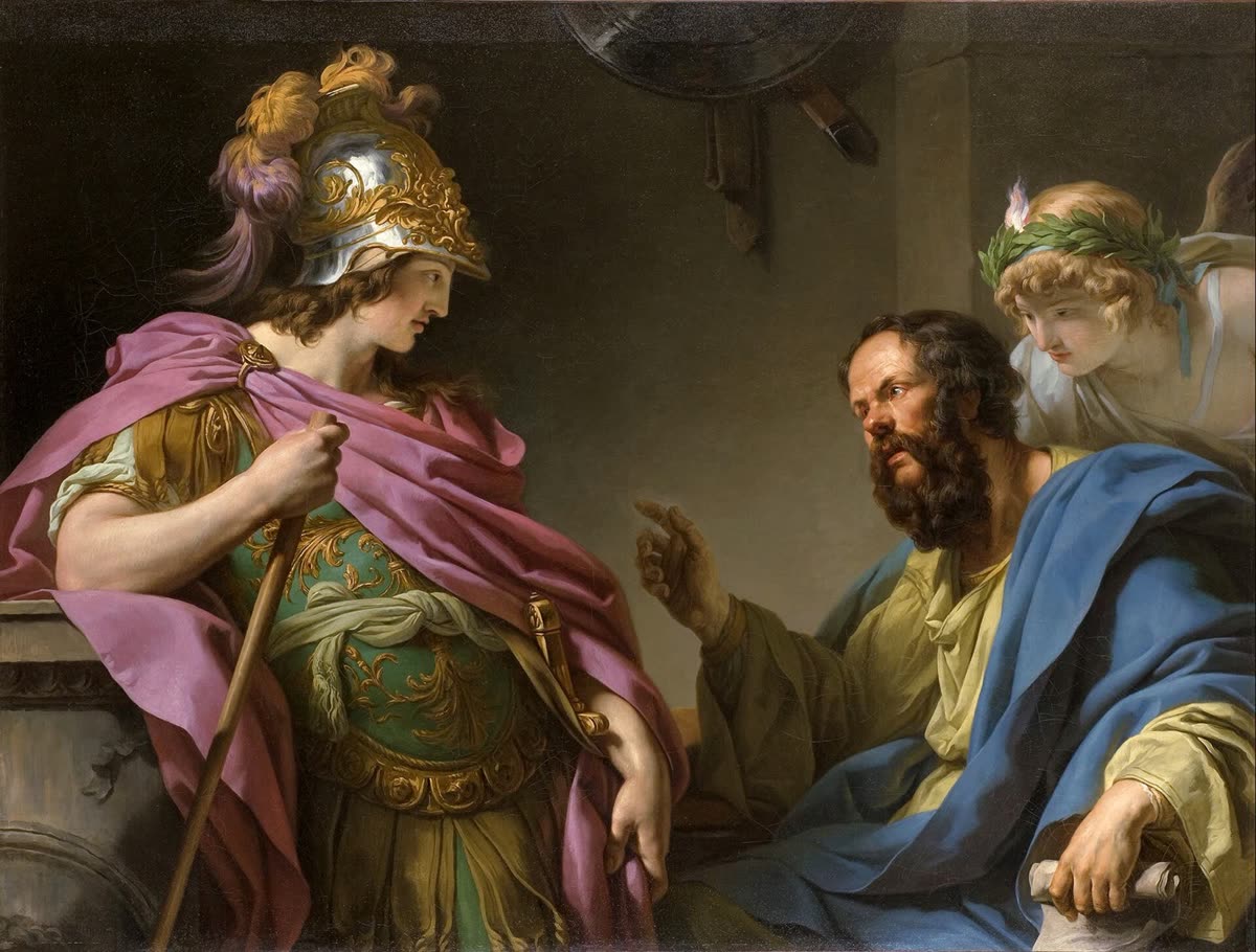 Painting: Socrates, seated in a blue cloak, talks with the young Alcibiades, who stands in armour and listens