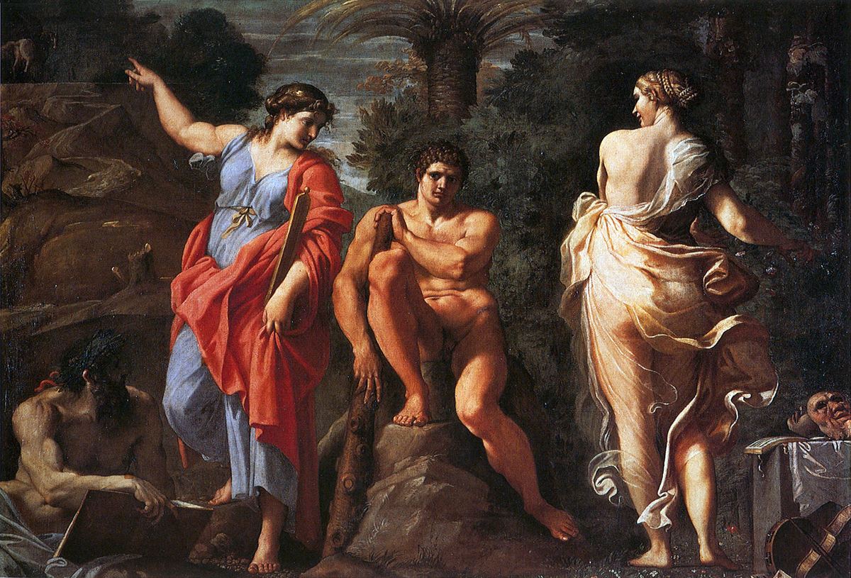 Painting: the young Hercules sits at a crossroads between two women, each urging him down a different path