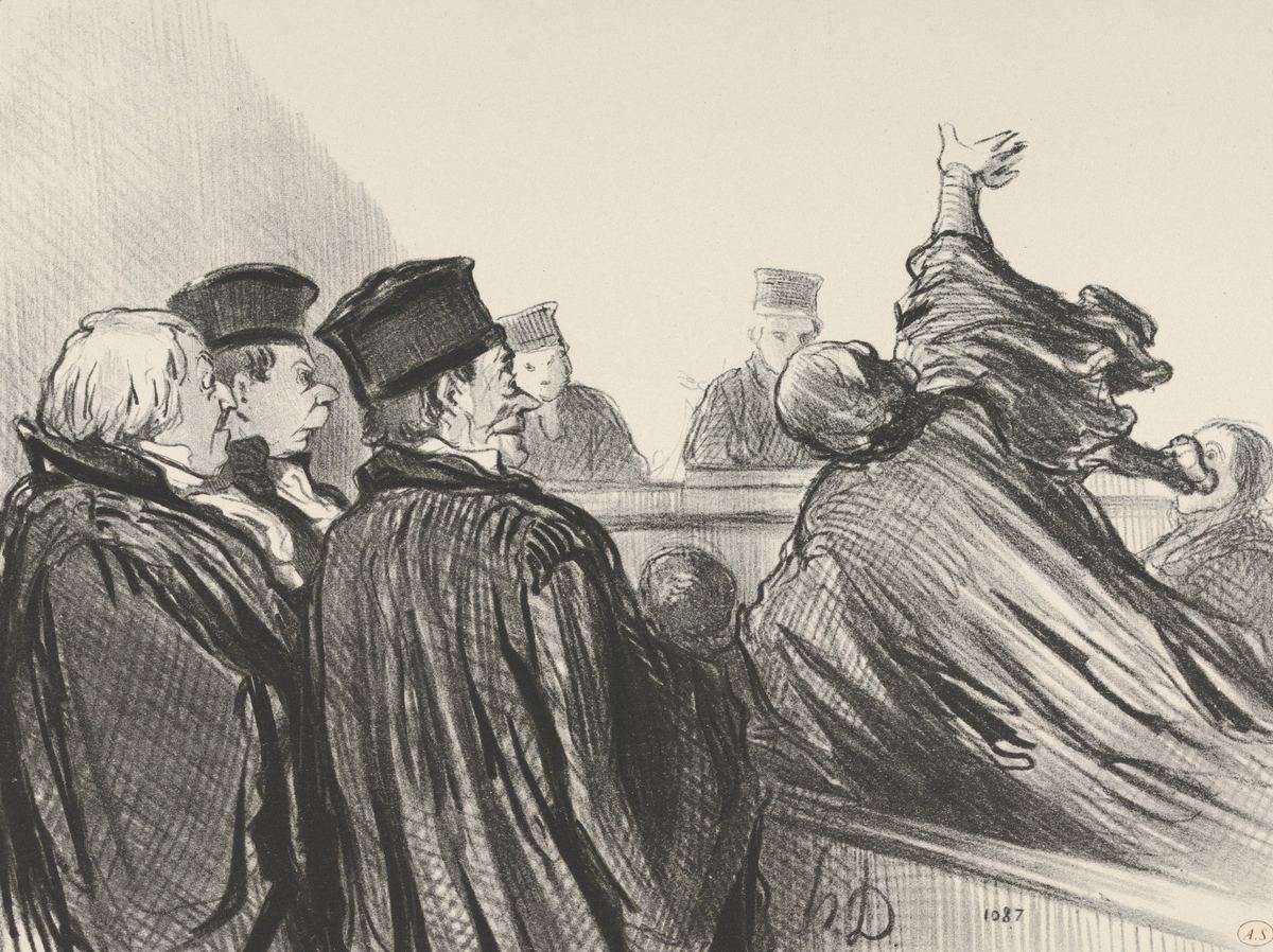 Lithograph: in a courtroom a lawyer flings one arm high as he ends his speech, while robed colleagues and the judges look on