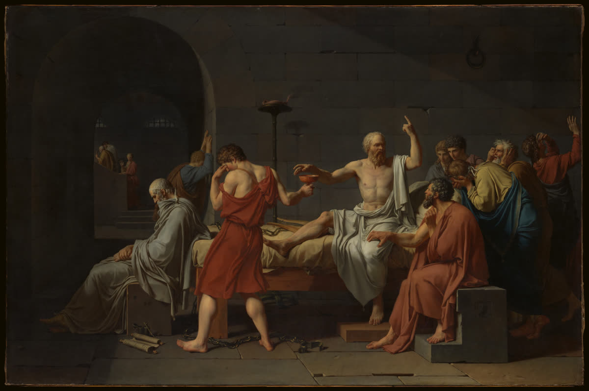 Painting: Socrates sits up on his bed, one hand raised as he talks, the other reaching for the cup, his friends grieving around him