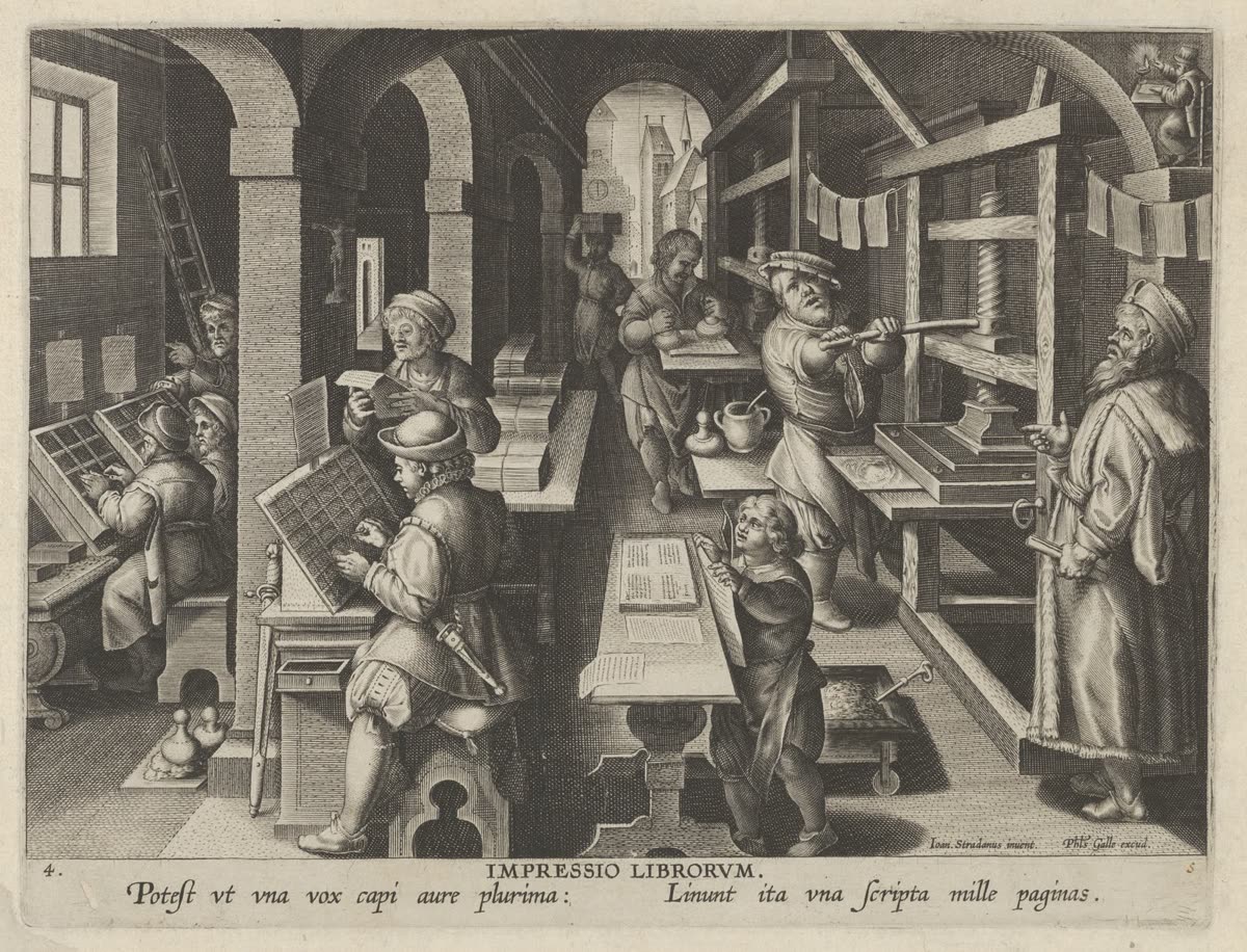 Engraving of a printing workshop: compositors setting type, a press being pulled, printed sheets hung up to dry