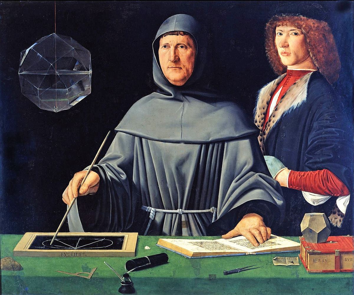 Painting: the mathematician Luca Pacioli, in a friar’s habit, draws a geometric figure on a slate, with a glass polyhedron hanging beside him and a young man behind