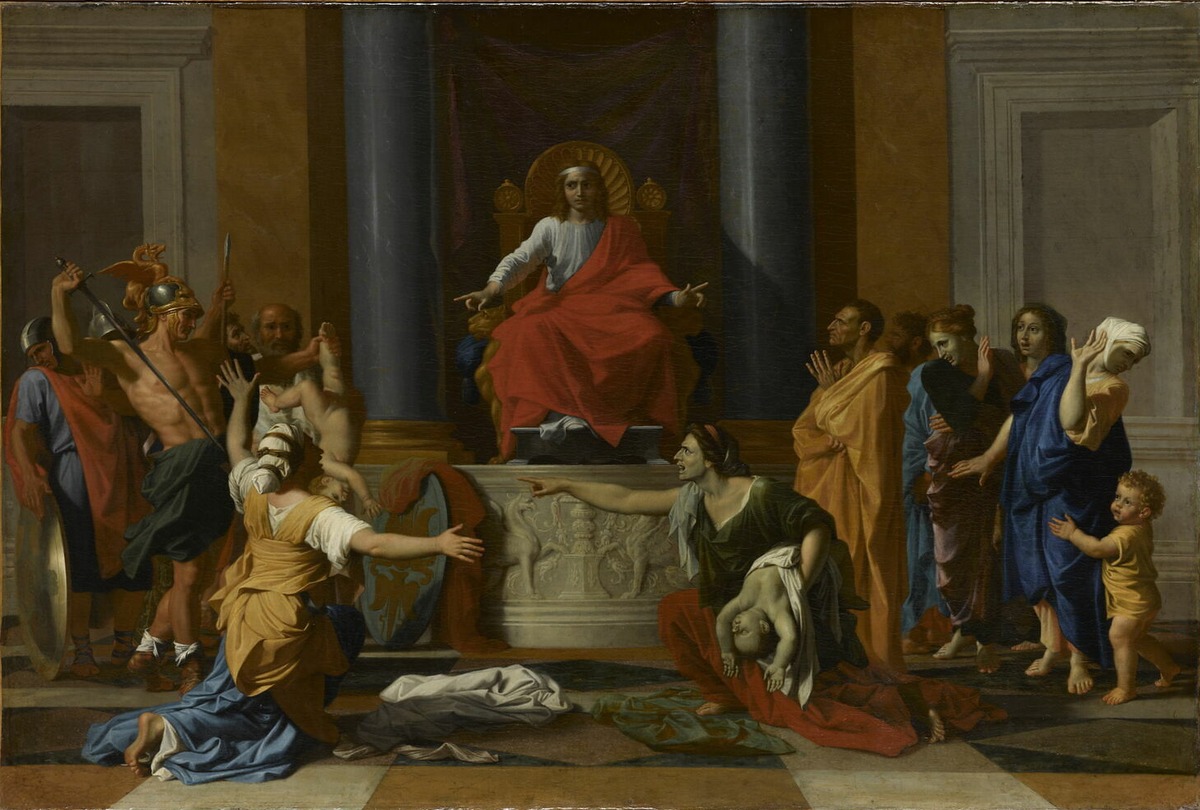 Painting: King Solomon on his throne between two women who claim the same child; one reaches for the living child a soldier holds up, the other points at her, a dead child in her arms