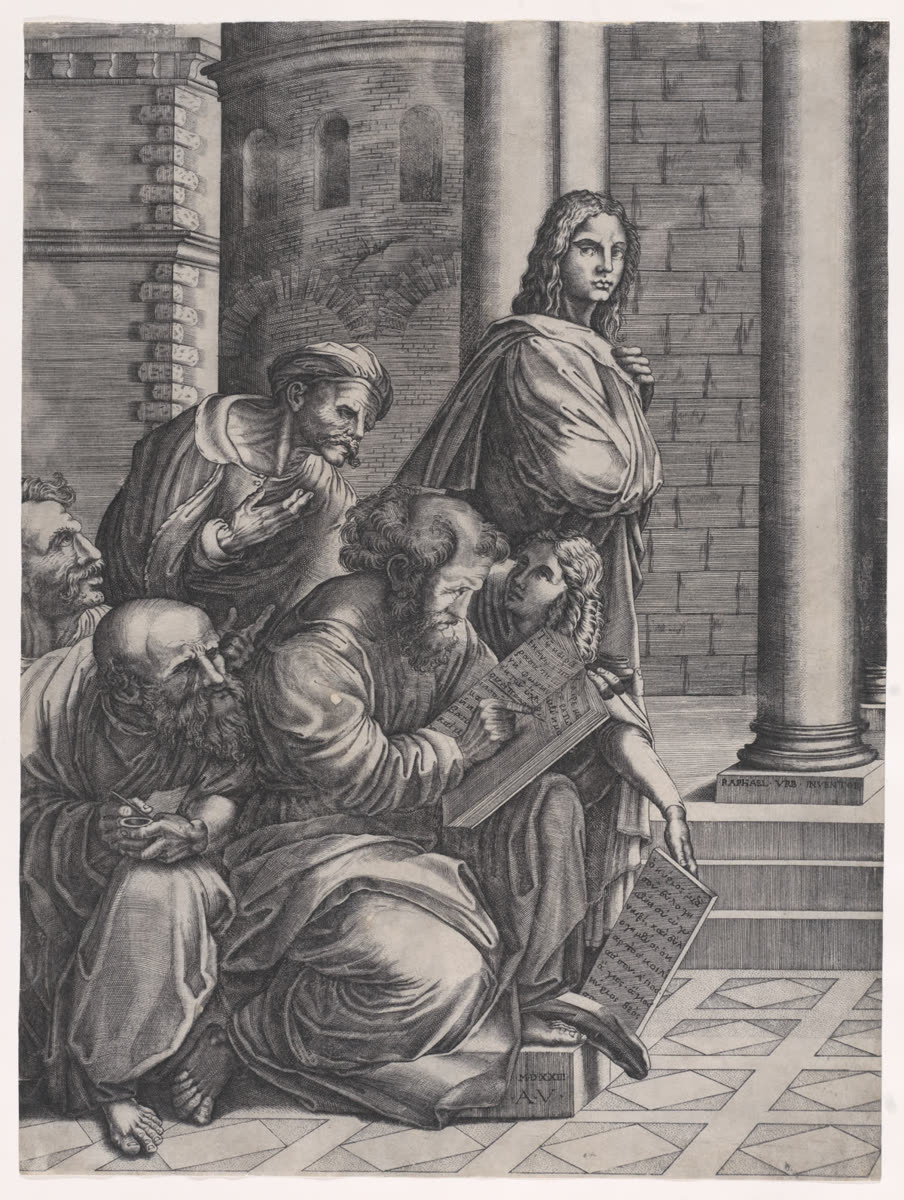 Engraving: a group of philosophers crowd around a seated man writing on a tablet, under classical arches